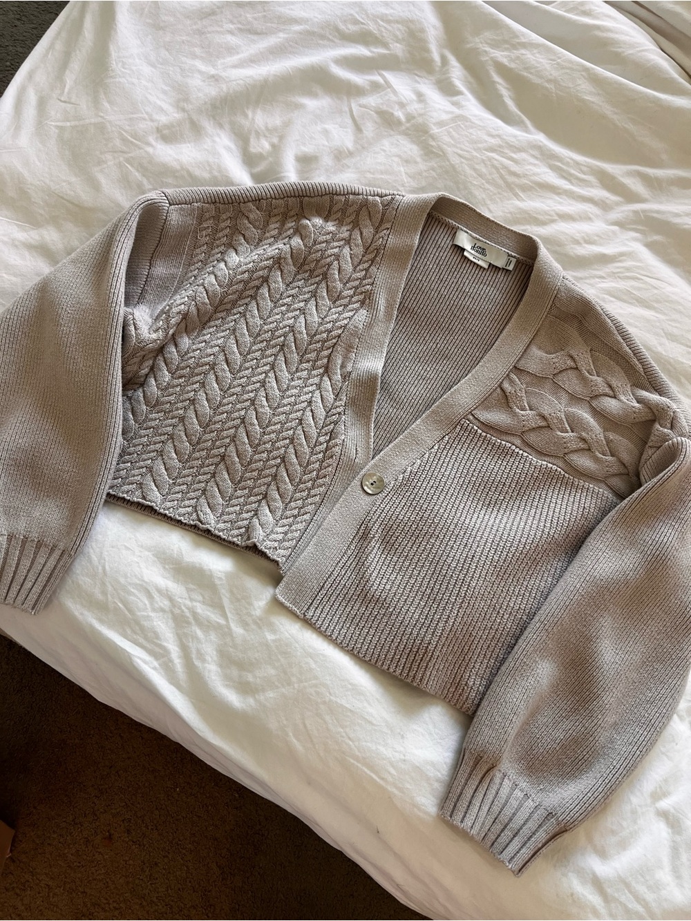 Cropped Cable-Knit Cardigan in Taupe